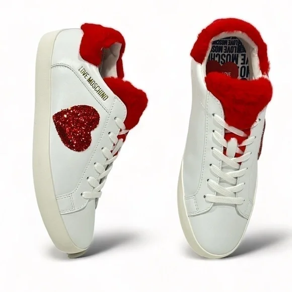 Love Moschino Logo Glitter-Red Heart With Red Faux Fur detail low-top sneaker - Picture 13 of 16